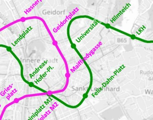 Die grüne Metro-Linie "M1" hält laut Planungen direkt bei der Karl-Franzens-Universität im 2,5- bis 4-Minuten-Takt. Die violette "M2" würde nur einige Meter davon entfernt fahren.