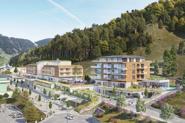 Das Bauvorhaben "Hochthron Neu" wird das Ortszentrum von Werfenweng nachhaltig prägen. Die Opposition im Ort hält das Projekt für zu groß, sie will "keinen Palast". | Foto: Gemeinde Werfenweng (Visualisierung)