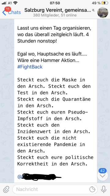 "Wenn man nur noch in der Blase ist, wo man nicht mehr mit dem anderen spricht ist es innerhalb kürzester Zeit möglich sich zu radikalisieren. Nicht jeder in der Blase ist radikalisiert, aber die Gefahr besteht. Wenn man nur noch diese Youtube-Videos anschaut, nur noch mit den Menschen redet, die die selbe Meinung haben und wenn man nur mehr das tut, dann passiert eine Form von Radikalität." erklärt Hans Peter Graß vom Friedensbüro Salzburg die Blasenbildung angesichts von vielen Telegram-Gruppen oder Facebook-Gruppen in denen augenscheinlich nur eine Meinung herrscht.  | Foto: Screenshot: sm
