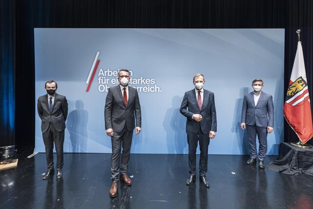 v.l.: Landtagsabgeordneter Alfred Frauscher, Rieder OÖVP-Bezirksparteiobmann Günther Lengauer, Landeshauptmann Thomas Stelzer und OÖVP-Landesgeschäftsführer Wolfgang Hattmannsdorfer | Foto: OÖVP/Mayrhofer