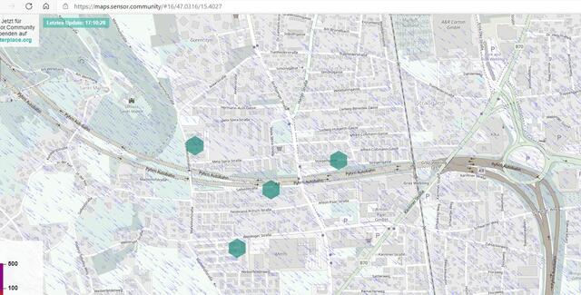 Feinstaub-Sensor Plattform - Screenshoot mit neuer Station in Graz-Straßgang - Nähe Tunneleinfahrt