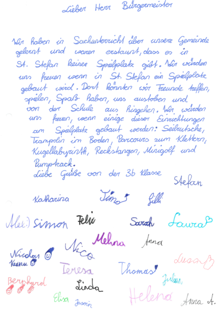 Mit diesem Brief haben die Kinder der 3 b an der Volksschule St. Stefan ob Stainz ihre Bitte nach einem öffentlichen Kinderspielplatz für St. Stefan ob Stainz untermauert.