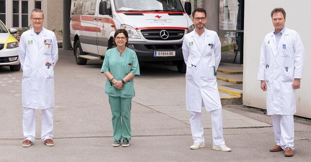 Die Grazer Wissenschafter Thomas Gary, Marianne Brodmann, Reinhard Raggam, Albert Wölfler (v.l.) waren federführend bei der Behandlung der Thrombose als Folge der Impfung dabei.
