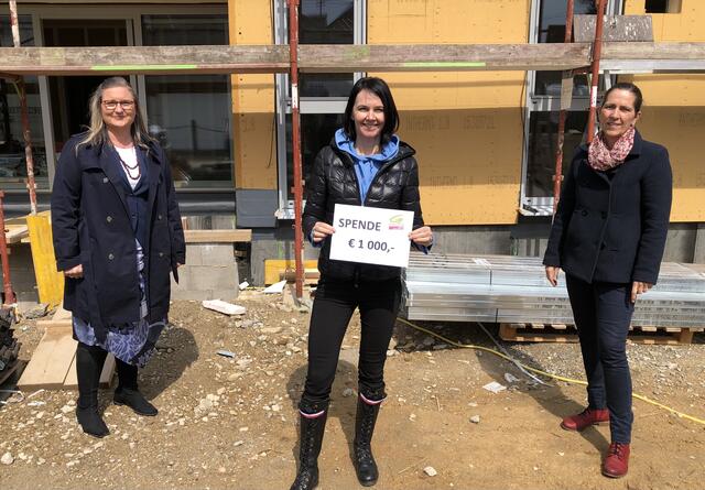 Claudia Hauschildt-Buschberger (Bezirkssprecherin und Bundesrätin der Grünen), Claudia Hittenberger (Mosaik), und Katrin Hörmandinger-Kroath (Bezirkskoordinatorin der Grünen) bei der Spendenübergabe.