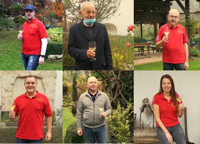 Obmann Roman Weber, Stadtpfarrer Hermann Zainzinger, Kapellmeister Sepp Weber, Kapellmeisterstellvertreter Dominik Völker, Winzer Anton Hagen und die Kassierin des Musikvereines und Weinpatin Waltraud Braun bei der Corona-Weintaufe. | Foto: privat