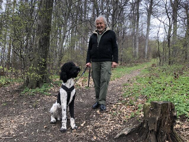 Bernd Sykora mit seinem Königspudel Poldi beim Spaziergang im Wald. | Foto: Karin Zeiler / Bezirksblätter NÖ