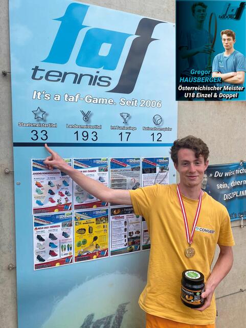 Ein stolzer U18-Doppelstaatsmeister GREGOR HAUSBERGER konnte vergangenes Wochenende Staatsmeistertitel Nr.33 für die taf-tennis academy einfahren.  | Foto: taf-tennis academy
