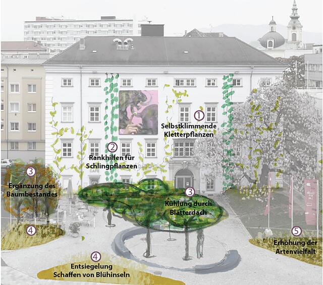 Kletterpflanzen und neue Bäume sollen das Nordico "cooler" machen, wie das Rendering von Landschaftsarchitektin Karin Standler zeigt. | Foto: Stadt Linz