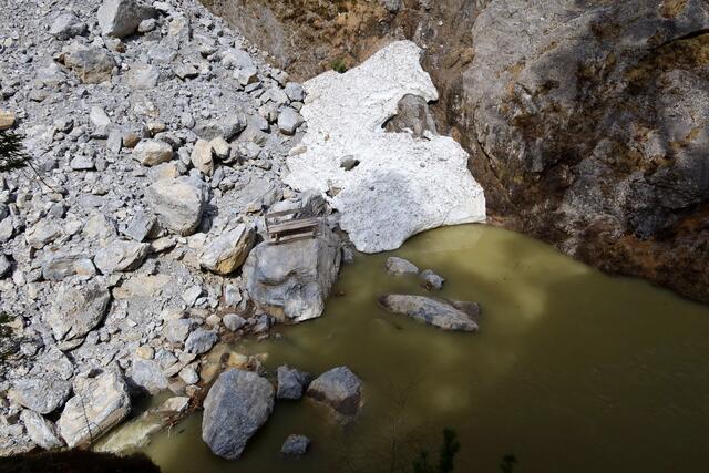 Blick runter aufs Bankerl zum See..leider hat das Wasser derzeit keine so schöne Farbe.