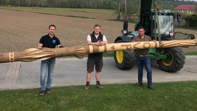 Schnitzmeister Michael Assinger, Vzbgm. Michael Konrad und GR Richard Schall mit dem Kalsdorfer Maibaum 2021 . | Foto: KK