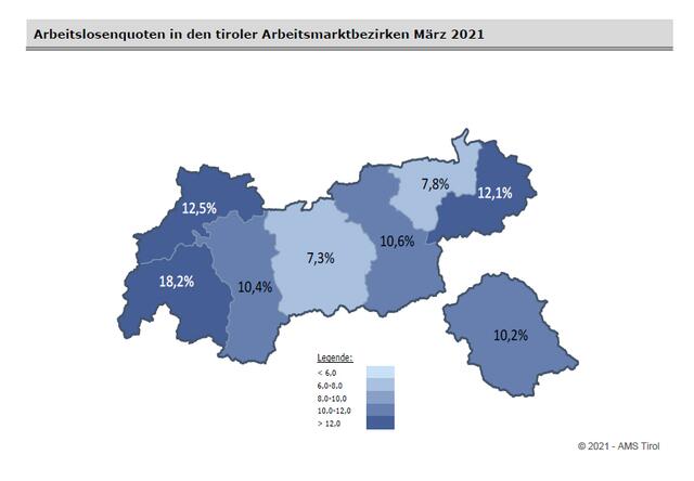 Arbeitslosenquoten in den tiroler Arbeitsmarktbezirken März 2021