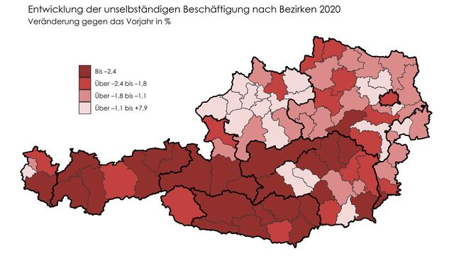 Änderung der Anzahl der unselbständigen Beschäftigung 2020 verglichen mit 2019 (in Prozent)