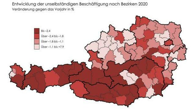 Änderung der Anzahl der unselbständigen Beschäftigung 2020 verglichen mit 2019 in Prozent | Foto: WIFO