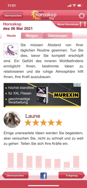 Unser APP-Tipp der Woche "Mein Horoskop - jeden Tag" bietet für alle Sternzeichen täglich einen Blick in die Sterne. Zusätzlich gibt es das Monats- und Jahreshoroskop. Die App gibt es kostenlos für Android und IOS. | Foto: Screenshot