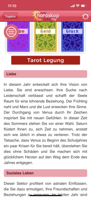 Unser APP-Tipp der Woche "Mein Horoskop - jeden Tag" bietet für alle Sternzeichen täglich einen Blick in die Sterne. Zusätzlich gibt es das Monats- und Jahreshoroskop. Die App gibt es kostenlos für Android und IOS. | Foto: Screenshot