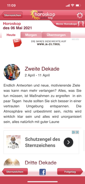 Unser APP-Tipp der Woche "Mein Horoskop - jeden Tag" bietet für alle Sternzeichen täglich einen Blick in die Sterne. Zusätzlich gibt es das Monats- und Jahreshoroskop. Die App gibt es kostenlos für Android und IOS. | Foto: Screenshot