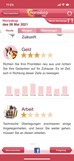 Unser APP-Tipp der Woche "Mein Horoskop - jeden Tag" bietet für alle Sternzeichen täglich einen Blick in die Sterne. Zusätzlich gibt es das Monats- und Jahreshoroskop. Die App gibt es kostenlos für Android und IOS. | Foto: Screenshot