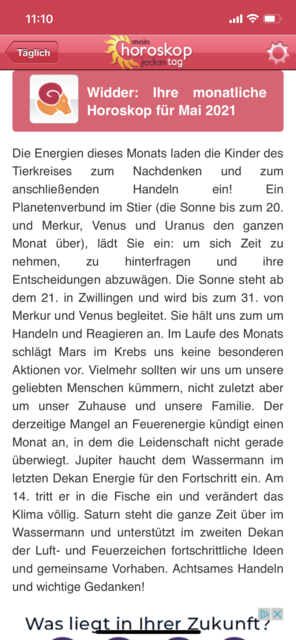 Unser APP-Tipp der Woche "Mein Horoskop - jeden Tag" bietet für alle Sternzeichen täglich einen Blick in die Sterne. Zusätzlich gibt es das Monats- und Jahreshoroskop. Die App gibt es kostenlos für Android und IOS. | Foto: Screenshot