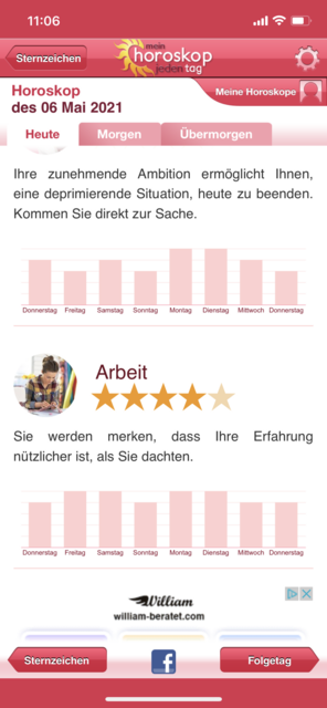 Unser APP-Tipp der Woche "Mein Horoskop - jeden Tag" bietet für alle Sternzeichen täglich einen Blick in die Sterne. Zusätzlich gibt es das Monats- und Jahreshoroskop. Die App gibt es kostenlos für Android und IOS. | Foto: Screenshot