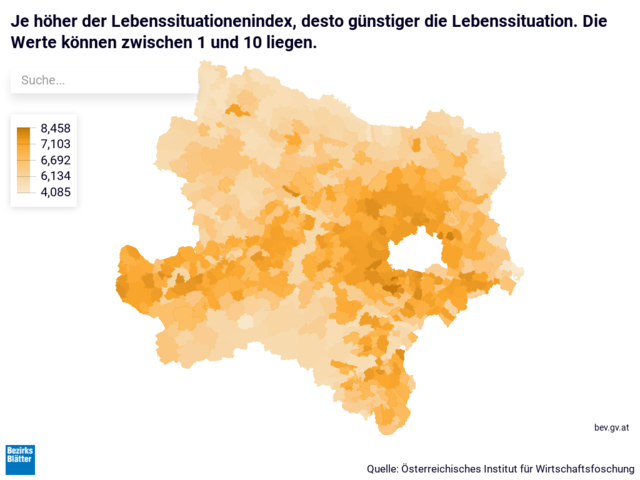 Je höher der Lebenssituationenindex, desto günstiger die Lebenssituation. Die Werte können zwischen 1 und 10 liegen.