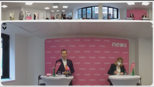 Neos-Landessprecher und Spitzenkandidat für die Landtagswahl, Felix Eypeltauer und Bundesparteivorsitzende Beate Meinl-Reisinger. | Foto: Screenshot/Neos/Facebook