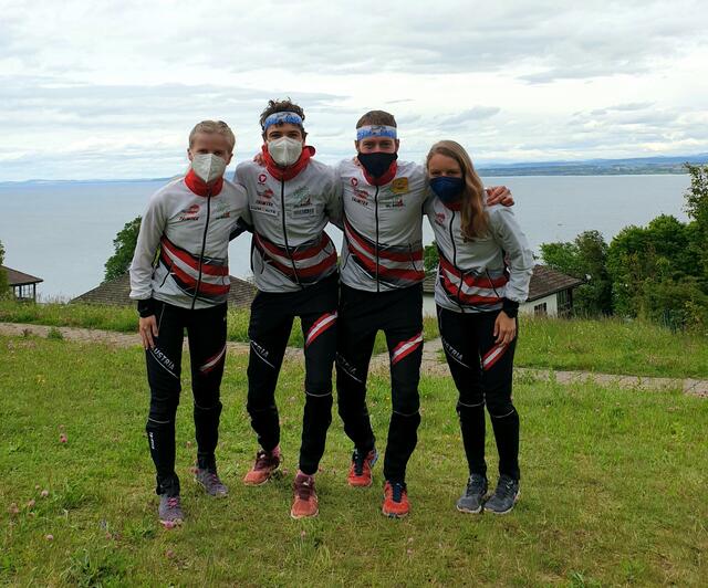 Das österreichische Team der Sprint-Staffel zeigte bei der Europameisterschaft eine Spitzenleistung. Von links Anna Simkovics (OLC Wienerwald), Mathias Peter (OLC Graz), Robert Merl (ASKÖ Henndorf) und Laura Ramstein (OLC Graz).