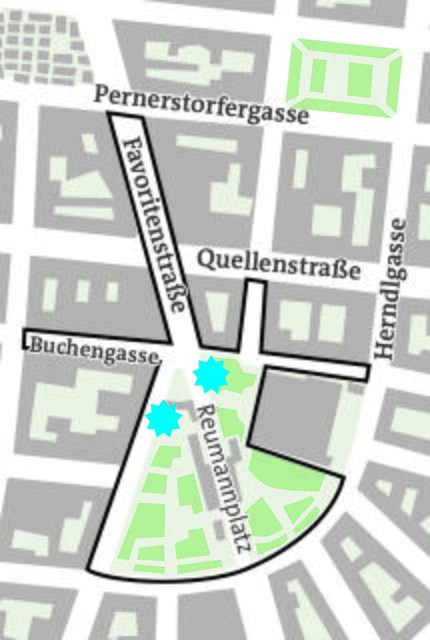 Schwarz umrandet ist der Bereich der Video-Überwachung am Reumannplatz. die Kameras sind hier in blau gekennzeichnet.