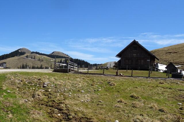 Vorbei an der Dürrieglalm, da ist es noch ganz ruhig. Im Hintergrund die beiden Königskogeln