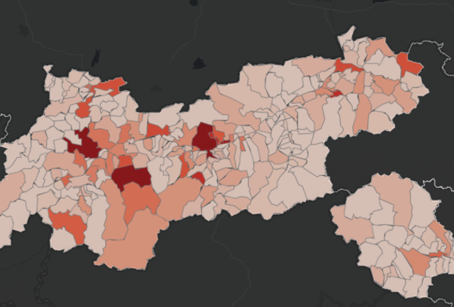 Weiterhin fällt der Bezirk Imst tirolweit als eher dunkel gefärbte Region auf. | Foto: Screenshot Tirol dashboard