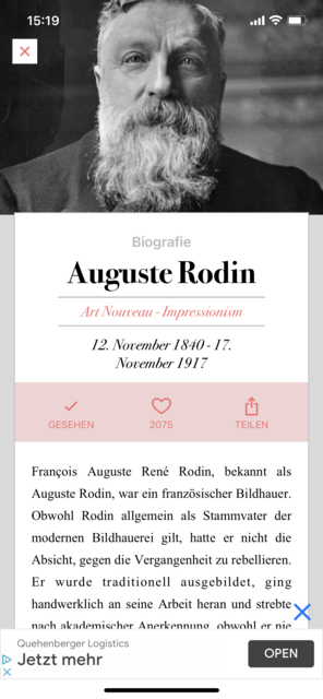 Unser App-Tipp der Woche "DailyArt" ist ein virtuelles Museum, das einem in wenigen Minuten ein berühmtes Kunstwerk und die zugehörigen Erklärungen präsentiert.  | Foto: Screenshot