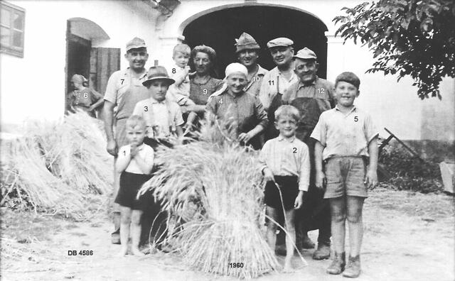 Dieses Bild zeigt, wie im Jahre 1960 in St. Georgen im eigenen Haus mit einem Dreschkasten Ähren ausgedroschen wurden. Da waren viele Hände nötig. Jung und alt und die Nachbarn halfen zusammen.