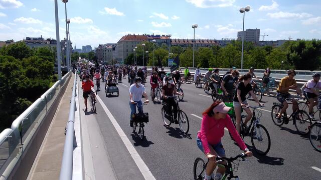 Gleich nach dem Start ging's über die Reichsbrücke. Das Teilnehmerfeld des Protestzugs reichte aber noch bis weit in die Lassallestraße zurück.