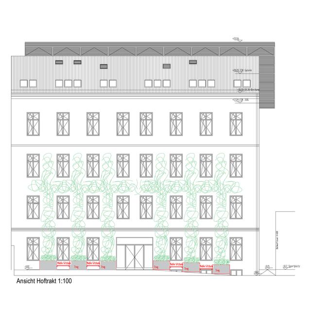 Diese Darstellung soll zeigen wie man sich die Fassadenbegrünung an der Volksschule Zeltgasse vorstellt.