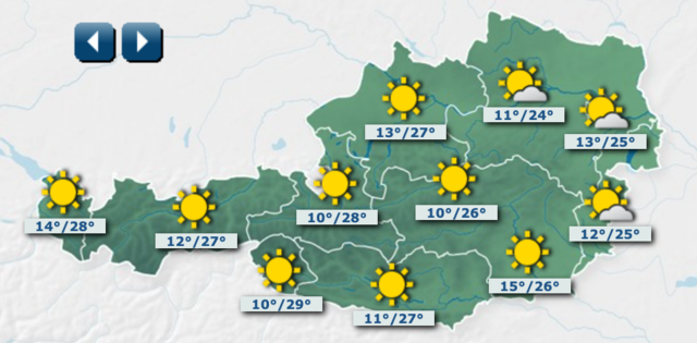 Kräftiger Hochdruckeinfluss bringt am Montag im ganzen Land sehr sonniges Wetter, oft ist es sogar nahezu wolkenlos.
