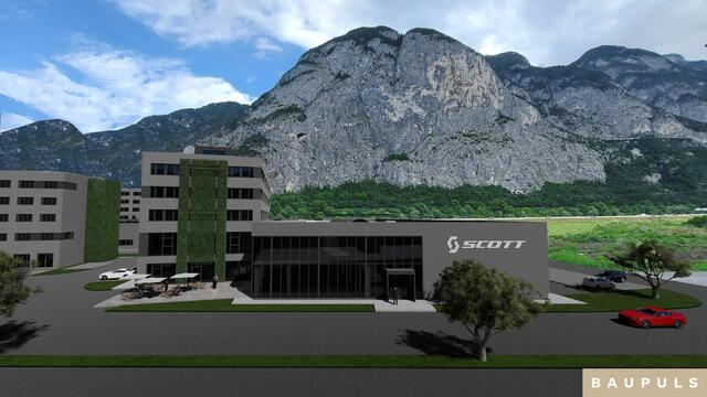 So wird das neue Gebäude der Niederlassung von Scott-Sports im Tirol Center Kematen nach der Fertigstellung ausschauen. | Foto: Graphik: Baupuls