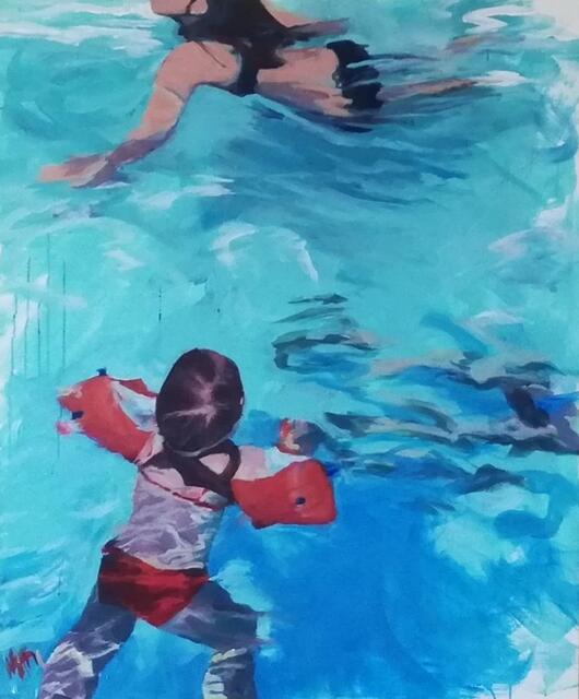 Schwimmer stehen im Zentrum von Dora Mais Malereien im Hietzinger Gelenk-Zentrum.