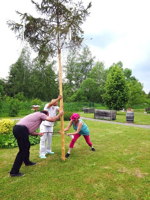 Raumpflegerin Sigrid Frühstück und DGKP Aladin Abu-Dayeh legten Hand an und den Baum um.  | Foto: Burgenländisches Hilfswerk