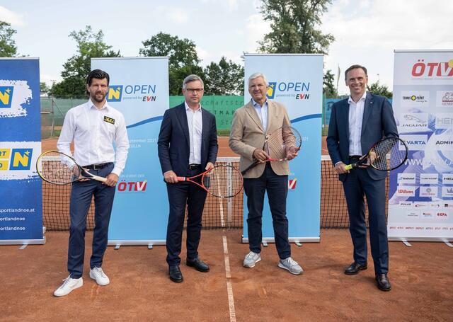 ÖTV-Sportdirektor Jürgen Melzer, ÖTV-Präsident Magnus Brunner, Organisator Ronnie Leitgeb, NÖ-Sportlandesrat Jochen Danninger.