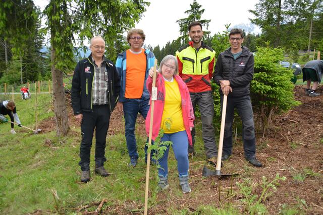 In gemeinschaftlicher Arbeit wurden zahlreiche Bäumchen gepflanzt, mit Pfosten gestützt und vor Wildbiss geschützt.