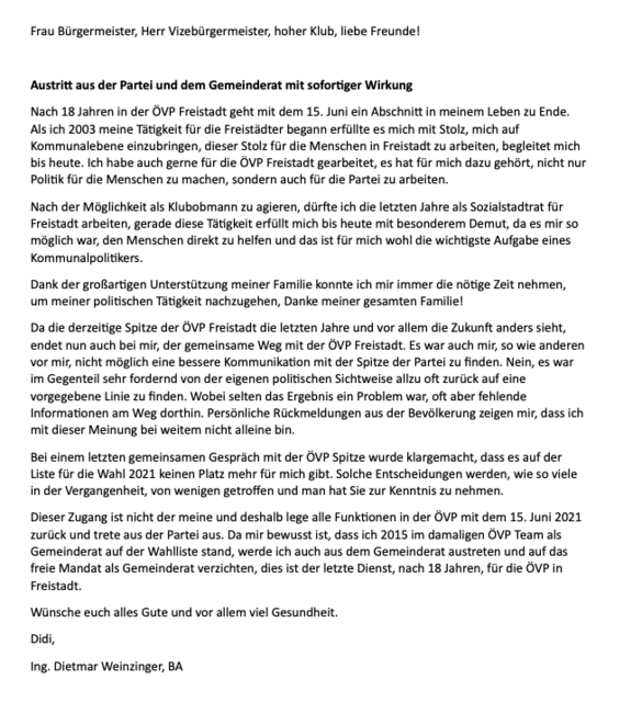 Das Rücktrittsschreiben von Dietmar Weinzinger.