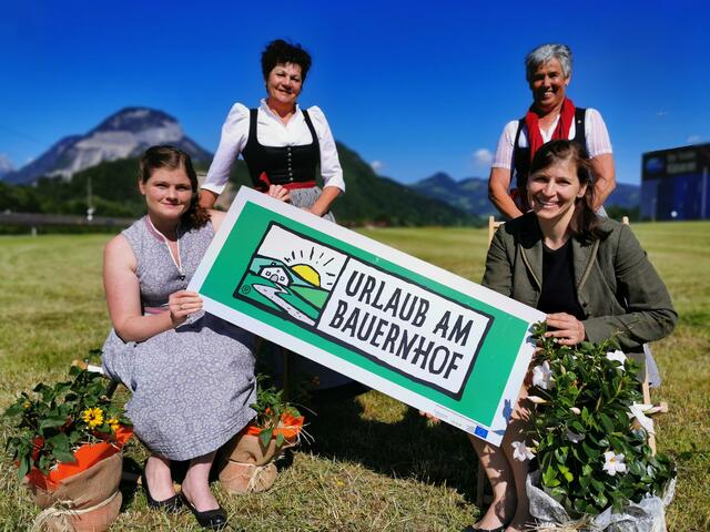 Die neu gewählte Obfrau Christine Maria Eder und ihre Stellvertreterin Katharina Hechenberger (vorne, v.l.) mit der ehemaligen Obfrau Maria Feger und ihrer Stellvertreterin Margreth Riedmann (hinten, v.l.). Sie freuen sich über die Übergabe.