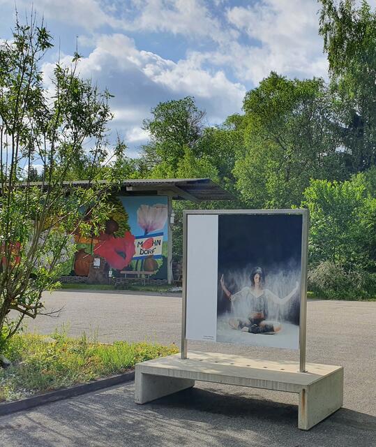 Die Fotos wurden auf steinernen Sitzbänken montiert.