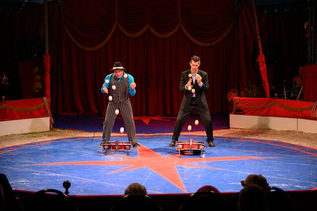 Zirkusdirektor Alexander Schneller und Eddy Carello sorgen im Circus für Stimmung. Sie spielen Schlagzeug – mit Bällen.