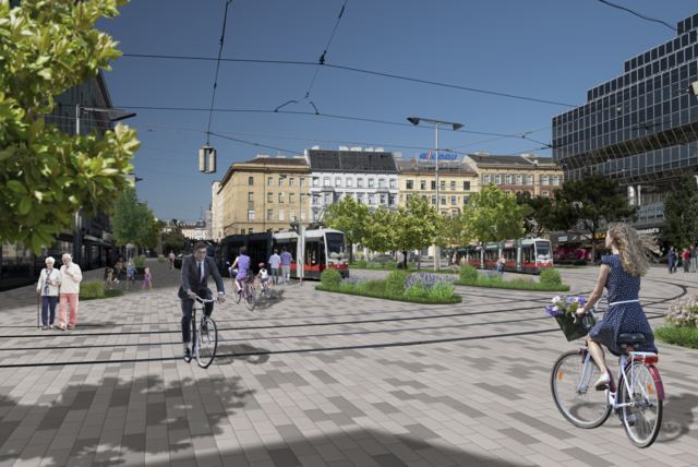 So könnte der Julius-Tandler-Platz nach einer Verkehrsberuhigung und Umgestaltung aussehen. | Foto: Rendering: Grüne