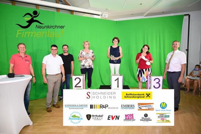 Sieger Walkerinnen: Martin Panzenböck, Meletios Kujumtzoglu, Dieter Schneider mit den Siegervertreterinnen und Wolfgang Kuhnert.
 | Foto: Harald Gruber | Raiba NK