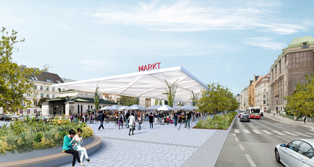 Dieses Rendering wurde von der Stadt Wien ausgeschickt. Es zeigt eine Markthalle am Naschmarkt-Parkplatz. | Foto: Acernis