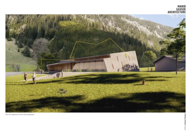 Das neue Gasthaus von vorne gesehen. Der Altbestand ist skizziert eingezeichnet, um die Dimensionen zu verdeutlichen.