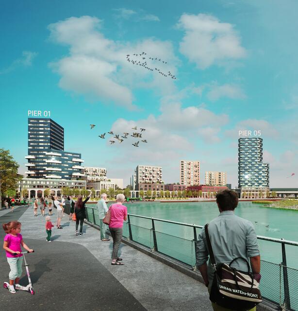 Die Juwelen des neuen Stadtteils aspern Seestadt – Pier 01 und Pier 05 an der Seestadtpromenade – mit Blick über den See.