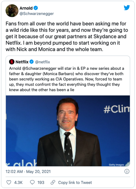 Arnold Schwarzenegger gibt auf Twitter bekannt, dass er wieder vor der Kamera steht. | Foto: Screenshot