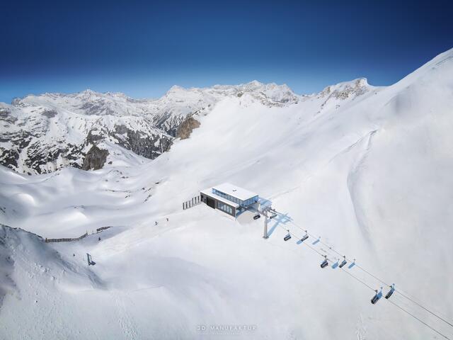 Bergstation der neuen Madlochbahn am Madlochjoch auf 2.446 m Seehöhe in modernem, puristischem Design. | Foto: Ski Zürs AG, Zürs am Arlberg